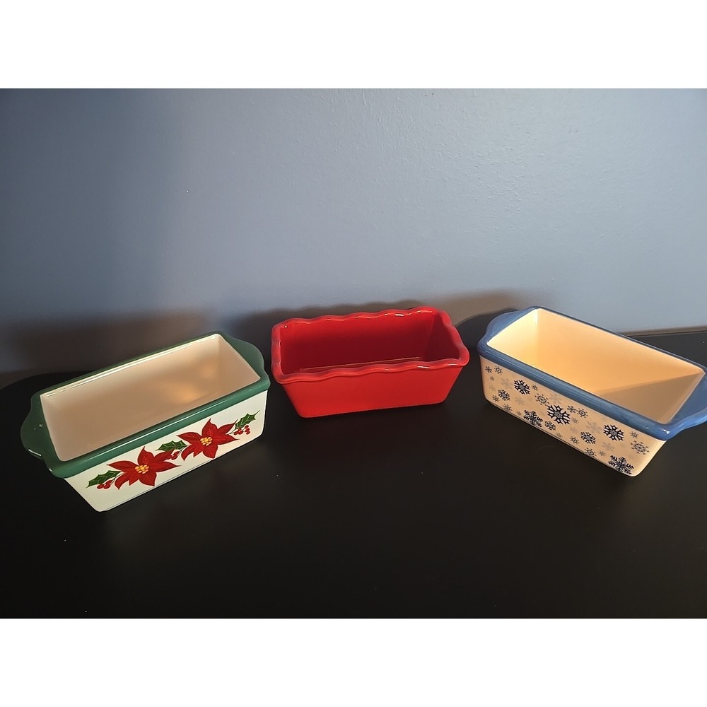 3 Christmas Holiday Mini Bread Loaf Baking Pan Dish Stoneware Great Gatherings